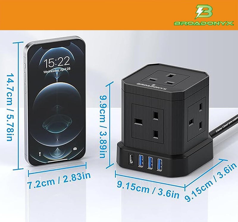 BROADONYX Extension cord cube with 5M Pure Copper Cable 13A 3250W Heavy Duty Power Strip 5 AC Outlets 3 USB-A & 1 USB-C Fast Charging Multi-Plug Socket for Home Office & Appliances - Image 3