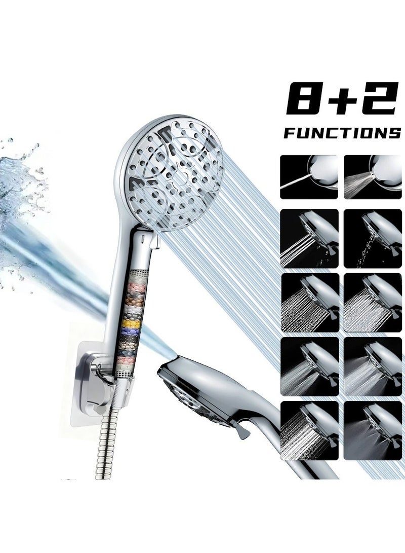 8+2 Function High Pressure Handheld Shower Head,Shower Head with Filter,Anti-Clogging Silicone Water Outlet,Easy to Install,Handheld Shower Set with Hose and Base - Image 1
