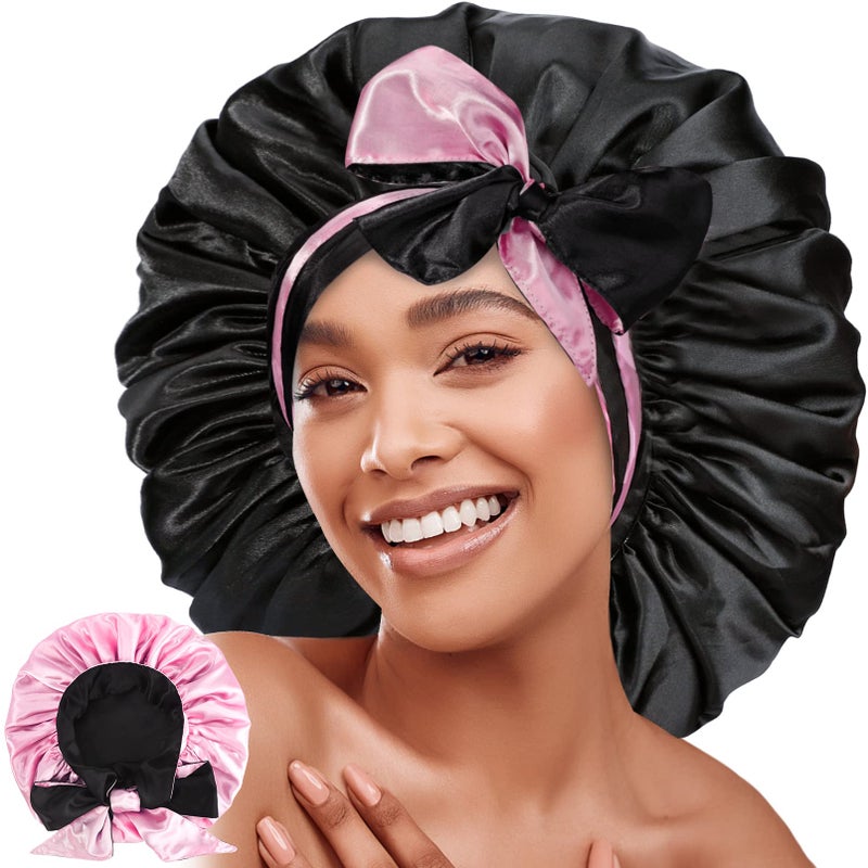 Jumbo BonnetReversible Double Layer Satin Bonnet for Black WomenAdjustable Extra Large Sleeping Satin Lined BonnetSilk Bonnet Night Cap with Wide Tie Band for Braids Long Curly HairBlack Pink