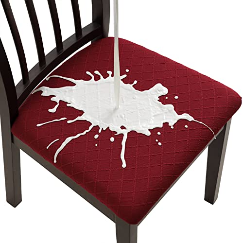Fuloon Waterproof Seat Cushion Covers 4 PCS Stretch Jacquard Chair Seat Covers Washable Dining Room Chair Slipcovers Removable Kitchen Cushion Protector 4 WaterproofWine Red