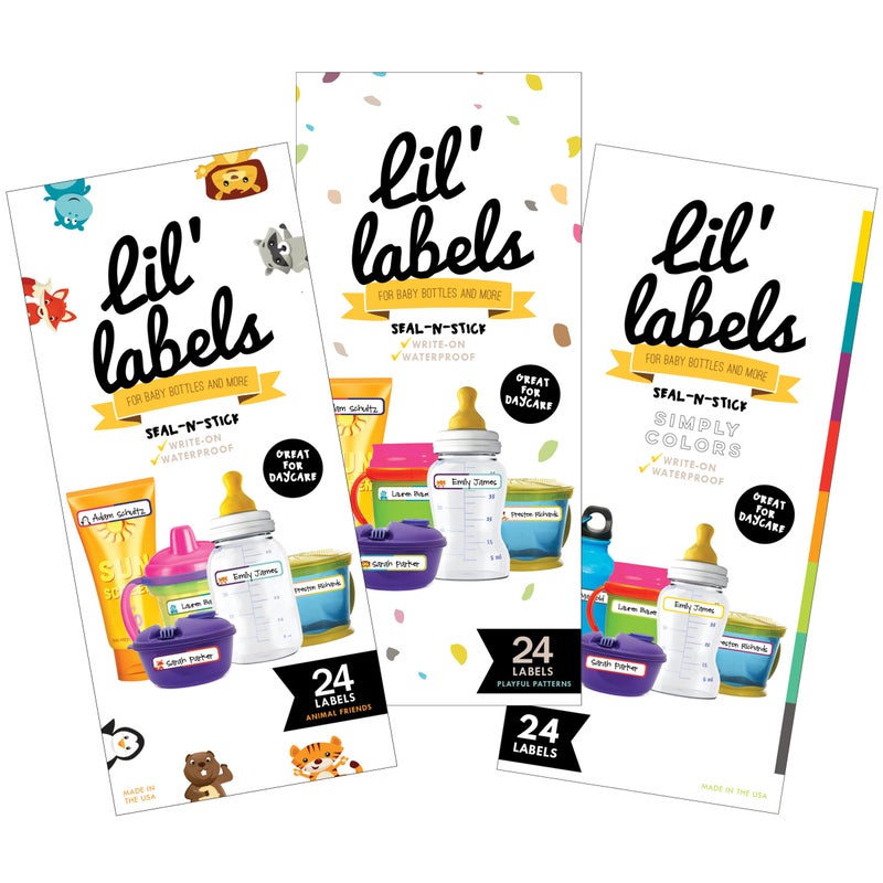 Lil' Labels Bottle Labels, Write-On, Waterproof Labels, Self-Laminating for Baby Bottles for Daycare, Dishwasher-Safe (Variety Set of 3) - Image 1