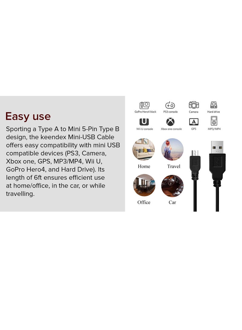 5.56ft Mini USB Cable USB 2.0 Type A to Mini B Cord for GoPro Hero 3+, Hero HD, PS3 Controller, Cell Phones, MP3 Players, Dash Cam, Digital Camera, GPS Receiver Black - Image 5