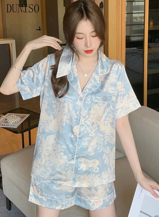DUNISO Women's Soft Pajamas Set Silky Sleepwear 2 Piece Short sleeve Summer Pajama Set Sleepwear Night-wear Loungewear Button-Down Pajama Sets for Women's Pyjama Party Bridal Wedding - Image 4