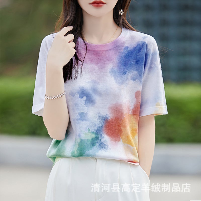 There Is Always A Suitable One-Summer Classic Joker Mulberry Silk Various Printed Pattern Round Neck Short Sleeve T-Shirt - Image 1