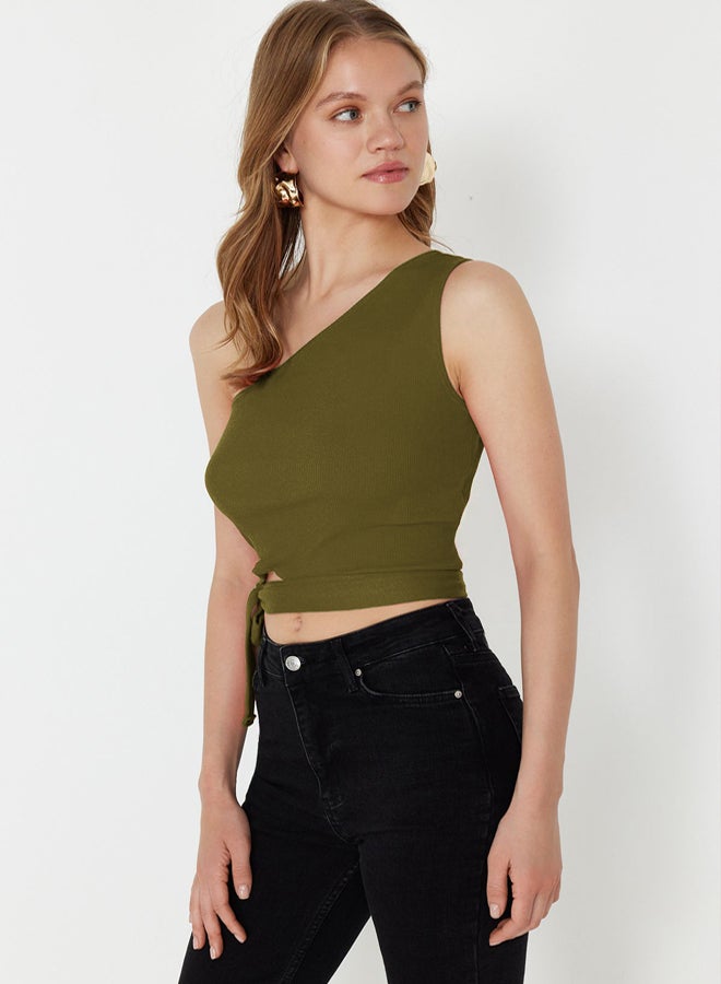 trendyol Oil Green One Shoulder Fitted/Body-Sit Tie Detail Ribbed Knitted Blouse  - Image 2