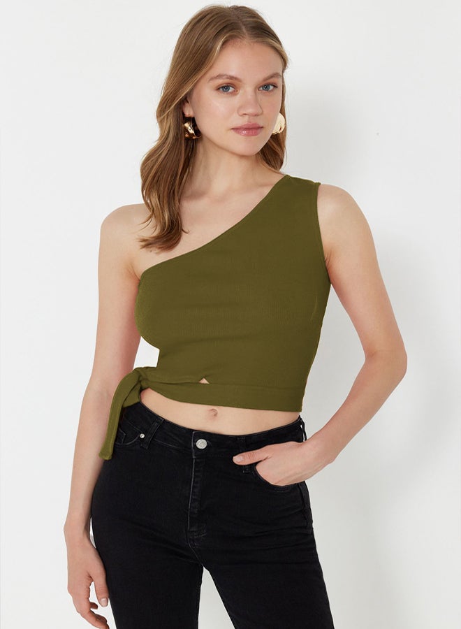 trendyol Oil Green One Shoulder Fitted/Body-Sit Tie Detail Ribbed Knitted Blouse  - Image 1
