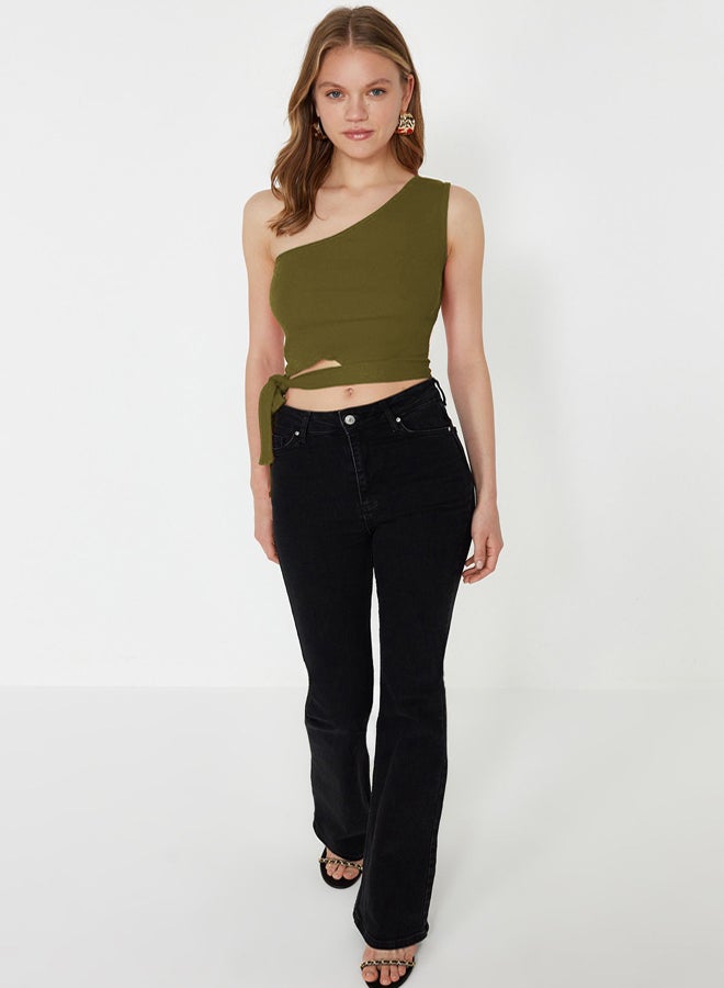 trendyol Oil Green One Shoulder Fitted/Body-Sit Tie Detail Ribbed Knitted Blouse  - Image 5