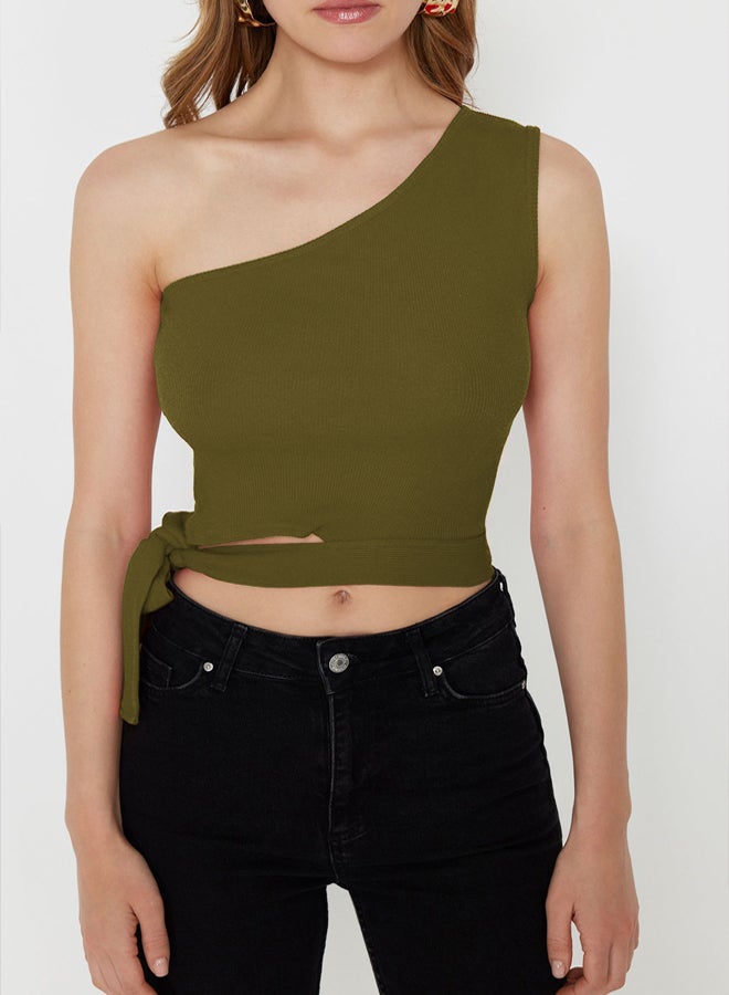 trendyol Oil Green One Shoulder Fitted/Body-Sit Tie Detail Ribbed Knitted Blouse  - Image 3
