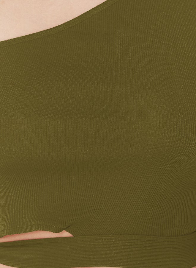 trendyol Oil Green One Shoulder Fitted/Body-Sit Tie Detail Ribbed Knitted Blouse  - Image 4
