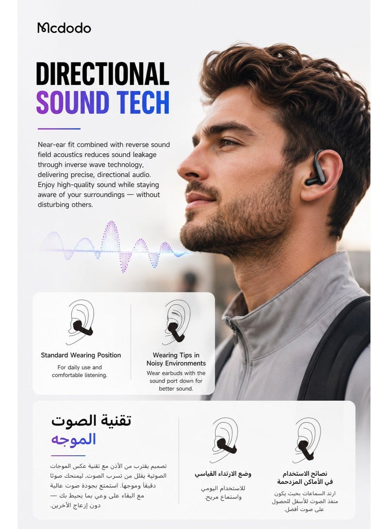 Mcdodo Clip-On Open-Ear Wireless Earbuds, Air O3, LED Battery Display, Bluetooth 5.4, IPX4, 24H Playtime, iPhone Android, Black, HP-8160 - Image 5