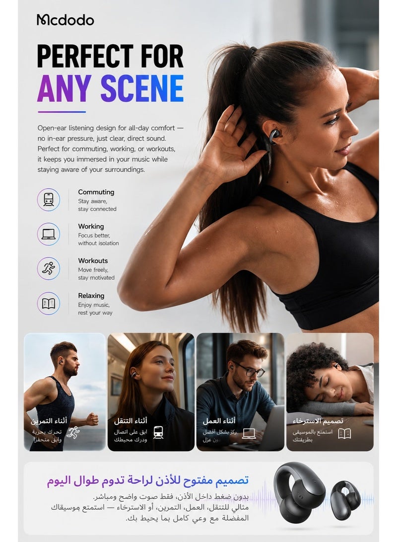 Mcdodo Clip-On Open-Ear Wireless Earbuds, Air O3, LED Battery Display, Bluetooth 5.4, IPX4, 24H Playtime, iPhone Android, Black, HP-8160 - Image 4