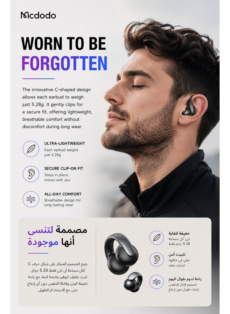 Mcdodo Clip-On Open-Ear Wireless Earbuds, Air O3, LED Battery Display, Bluetooth 5.4, IPX4, 24H Playtime, iPhone Android, Black, HP-8160 - Image 3