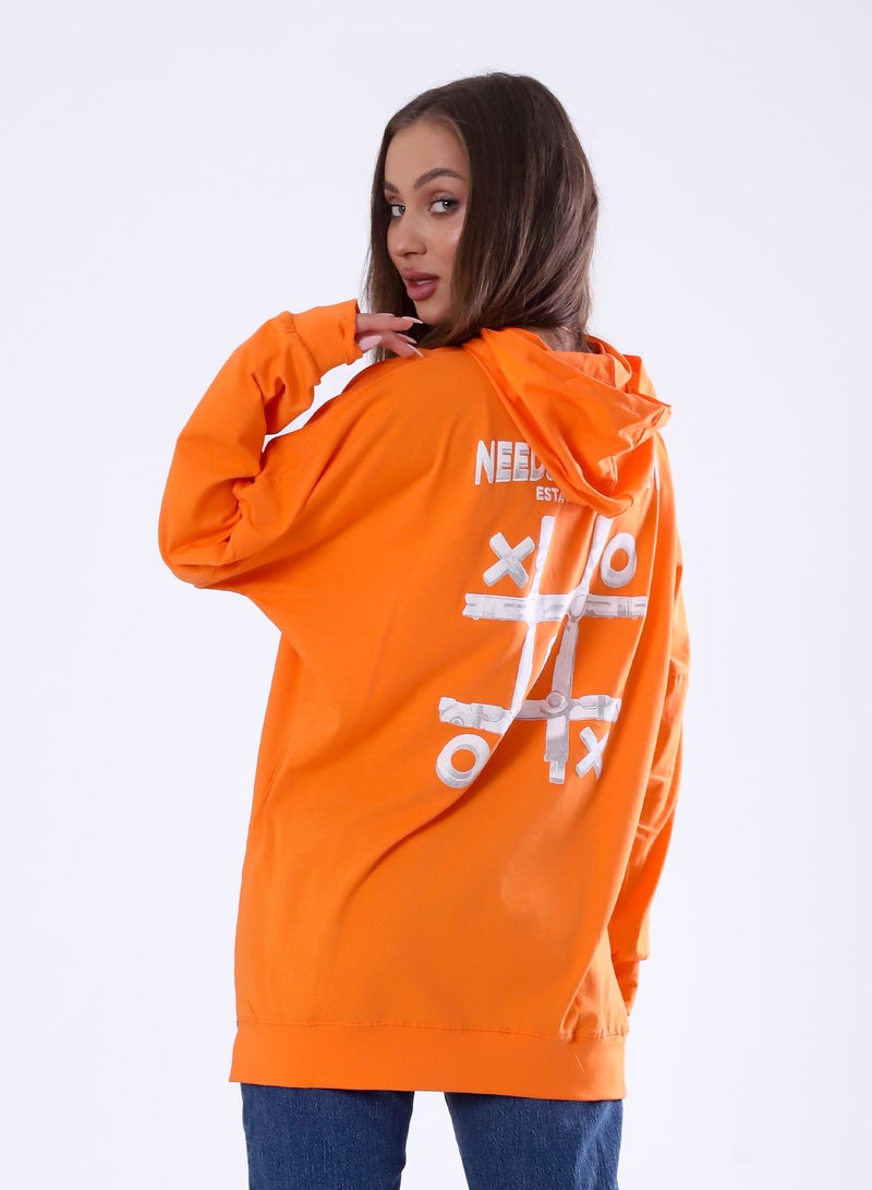 بيبو تشيرت حريمي مطبوع اكمام طويلة بكابيتشو 2 جيب مقاس حر يناسب من 60 إلى 85 كجم تقريبا_اورنج - Image 1