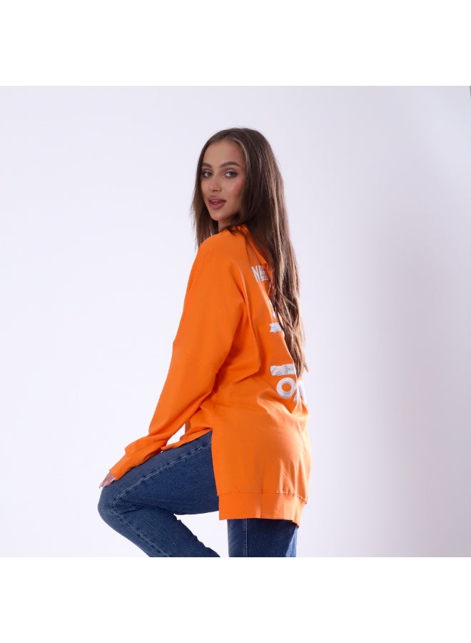 بيبو تشيرت حريمي مطبوع اكمام طويلة بكابيتشو 2 جيب مقاس حر يناسب من 60 إلى 85 كجم تقريبا_اورنج - Image 4