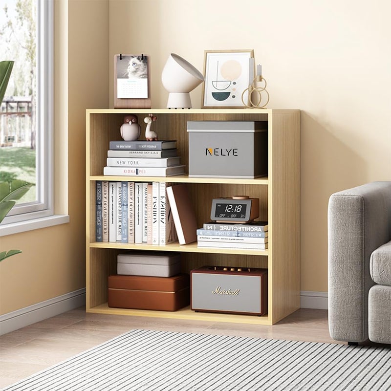NELYE Basic Open Shelf Bookcase - 3-Tier Wooden Cube Storage Shelves Split Bookshelf, Oak - Image 1