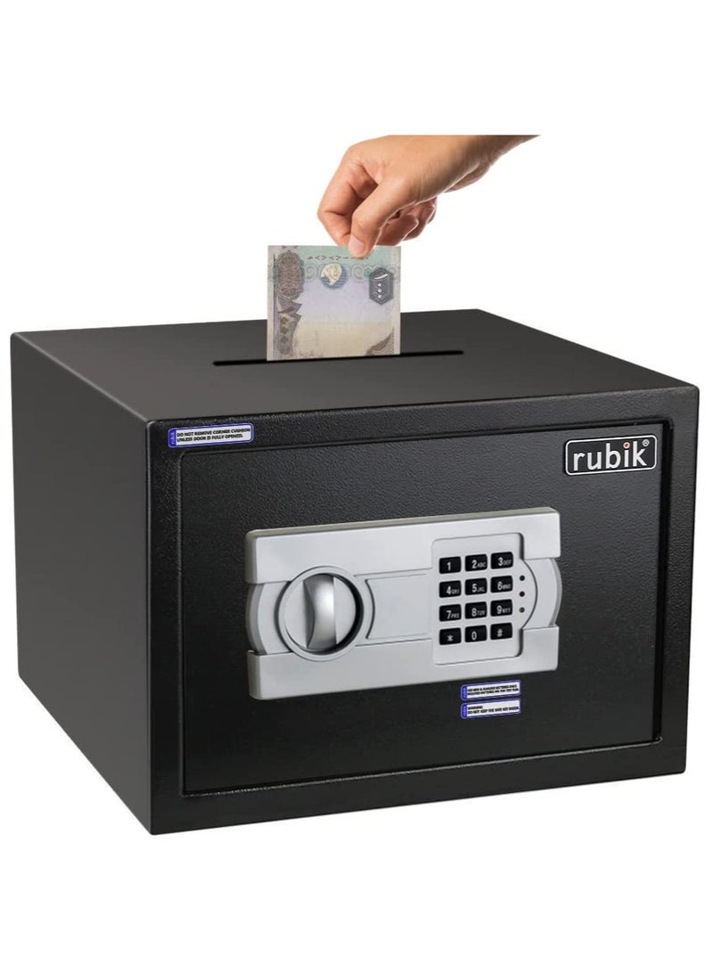 Rubik Safe Box with Cash Deposit Drop-In Slot on Top A4 Document Size for Home Office RB25EG-T (25x35x25cm) Black  - Image 1
