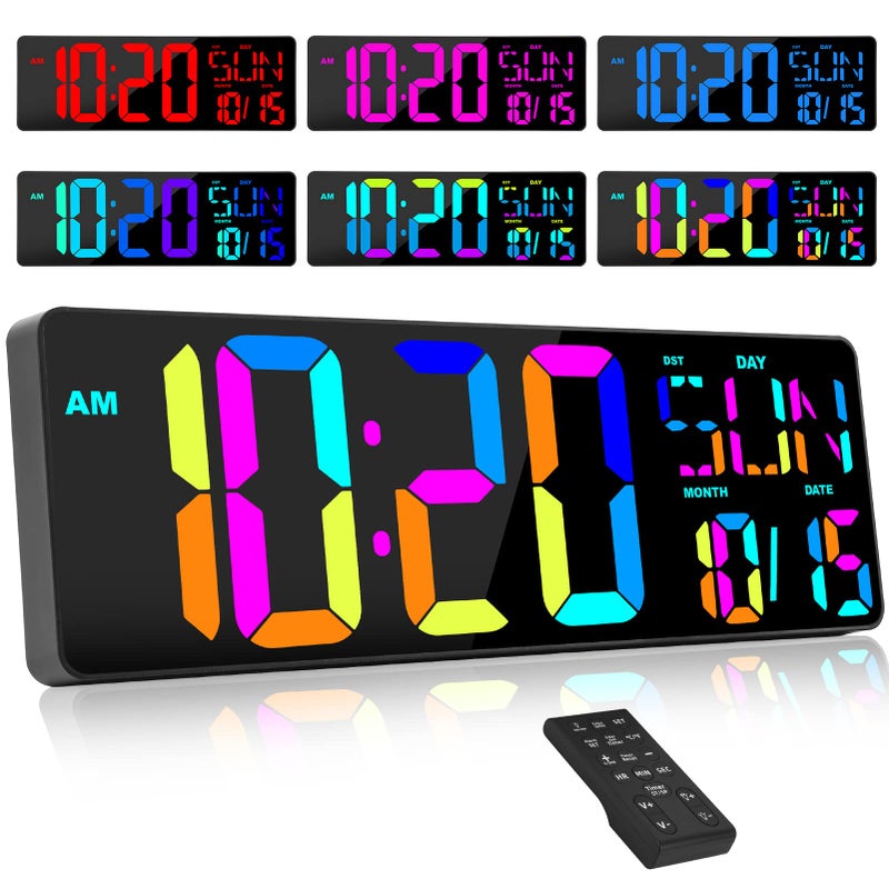 XREXS Large Digital Wall Clock with Remote Control 17 Inch LED Large Display Count Up Down Timer Adjustable Brightness RGB Color Changing Clock Alarm Clock for Home Gym Office and Classroom