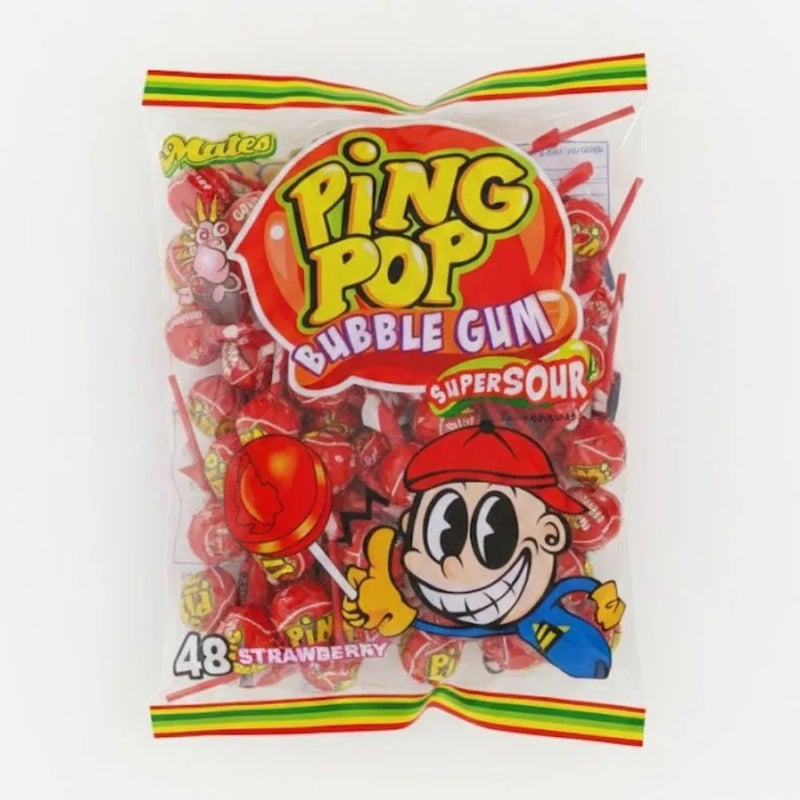 Mates Ping Pop Super Sour Bubble Gum With Strawberry Flavor- 48pcs
