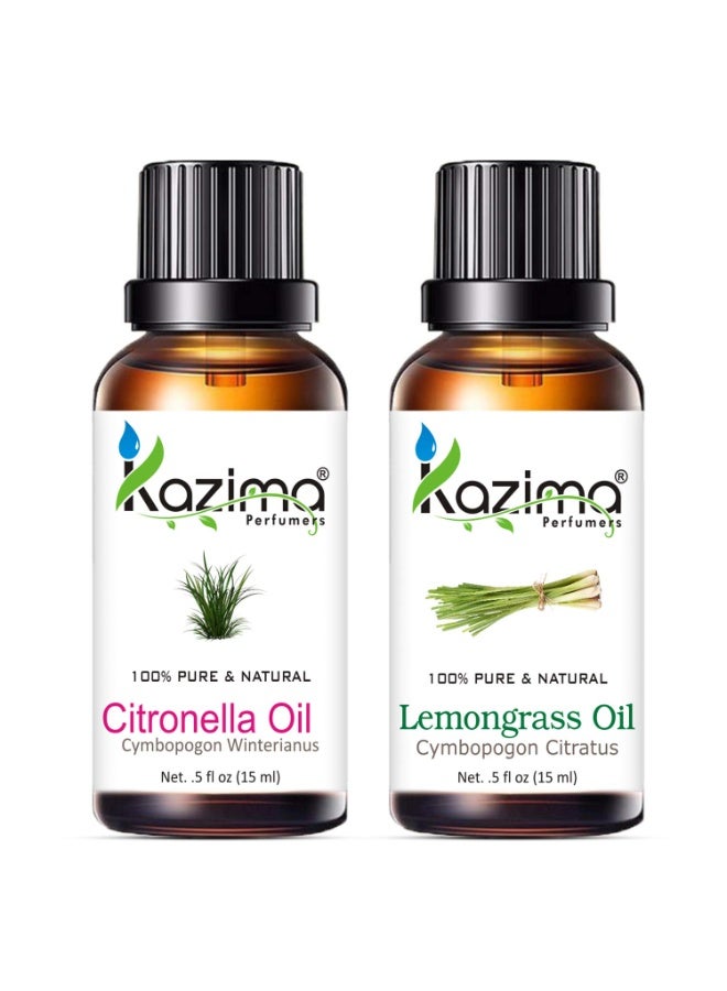 KAZIMA Combo of Citronella Oil & Lemongrass Essential Oil for use in Mosquito Repellent, Hair Growth, Acne, Aromatherapy, 15 ml each - Image 1