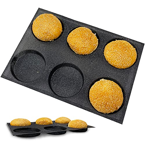 Baker Boutique Hamburger Bun Pan Mesh Silicone Hamburger Bun Mold Non Stick Baking Pan for Making Buns Great Perforated Bakery Molds for Gluten Free Buns6 loaf 1555X1102X078 inch