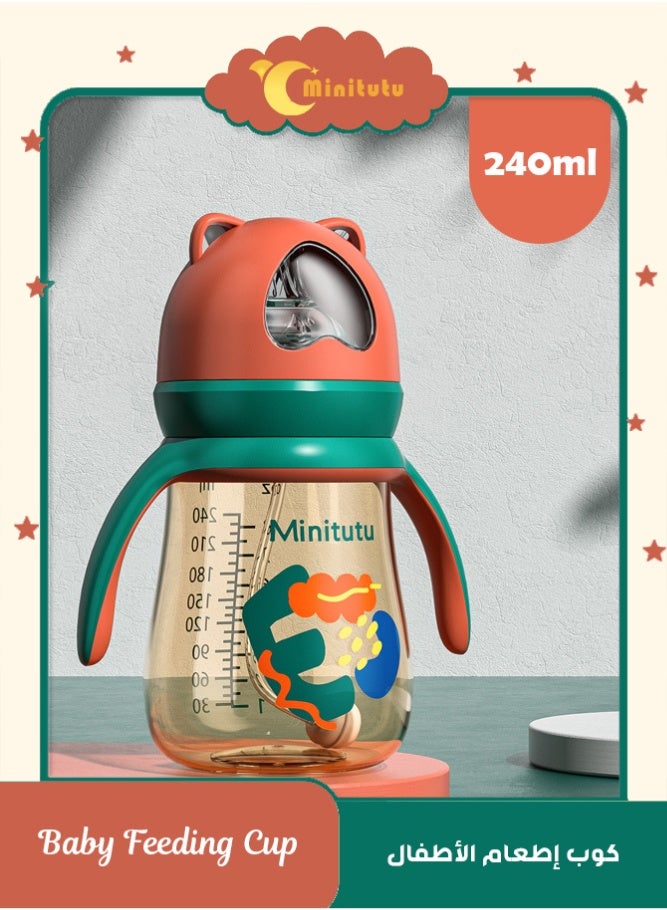 Minitutu Kids Feeding Bottle with Straw 240ml, BPA Free Leakproof Toddler Cup with Handles, Cute Bear Design Drinking Water Bottle for Boys Girls, Portable Spill Proof Sippy Cup for School Travel (Red Green) - Image 1