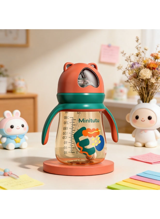 Minitutu Kids Feeding Bottle with Straw 240ml, BPA Free Leakproof Toddler Cup with Handles, Cute Bear Design Drinking Water Bottle for Boys Girls, Portable Spill Proof Sippy Cup for School Travel (Red Green) - Image 3