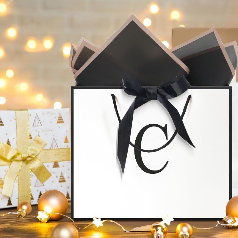 QLSKO Monogrammed Gift Wrap Bag Personalized Initial Paper Bag with Card Matching Envelope Sticker,Bow Ribbon and Wrapping Tissue Birthday Gifts for Women Men (White, C-Medium) - Image 5