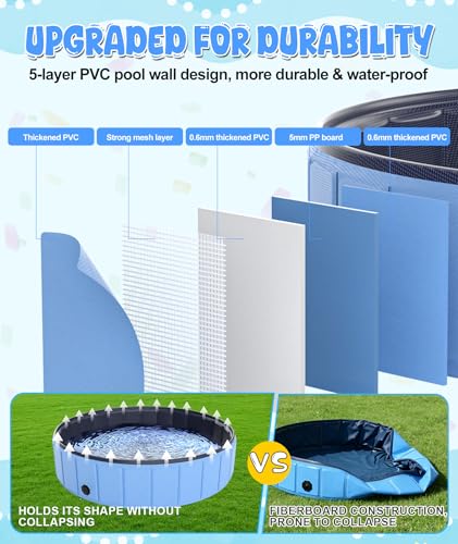 EPN Extra Large Foldable Dog Pool 107”x20”, EPN Heavy Duty Hard PVC Collapsible Dog Pool for Large Dogs and Kids, Leakproof Non-Slip Pet Wading & Bathing Tub with Drain, for Indoor & Outdoor Use - Image 2