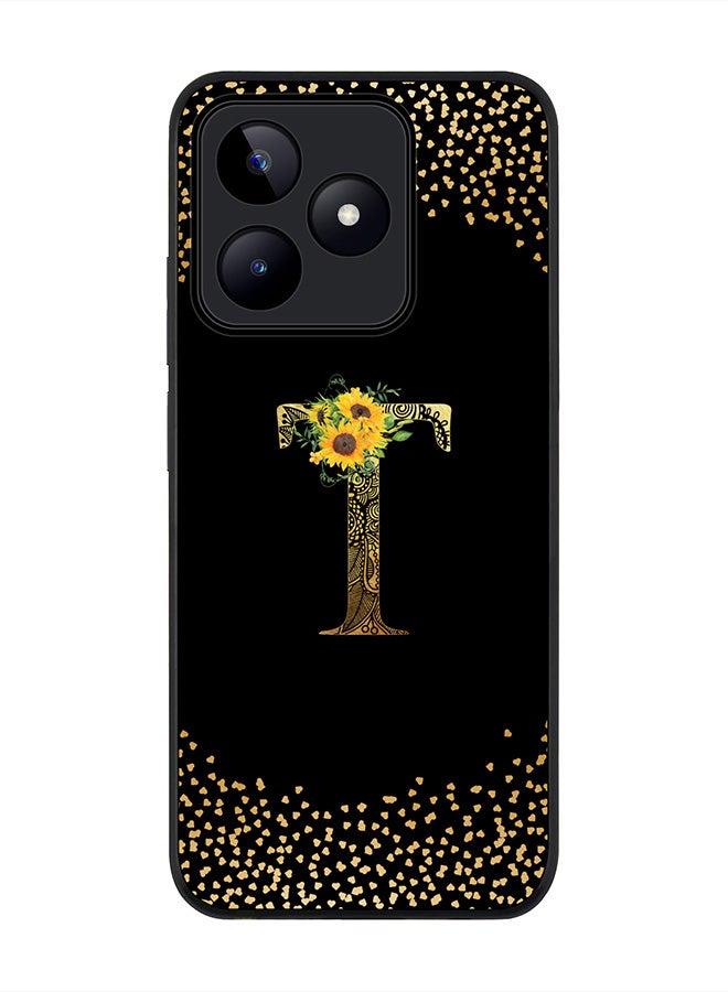 Stylizedd Rugged Black edge case for Realme C51 / Realme Note 50 4G,Custom Monogram Initial Letter Floral Pattern Alphabet - T (Black) - Image 1