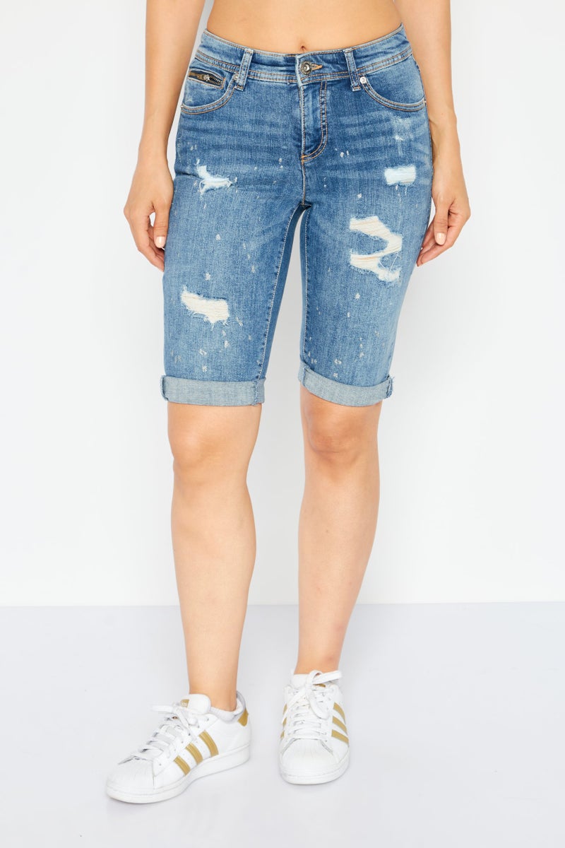 INC Denim Women Washed Rip Denim Short, Blue  - Image 1