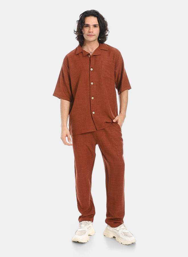Red Circle Linen Turn Down Collar Shirt and Pants Set - Image 1