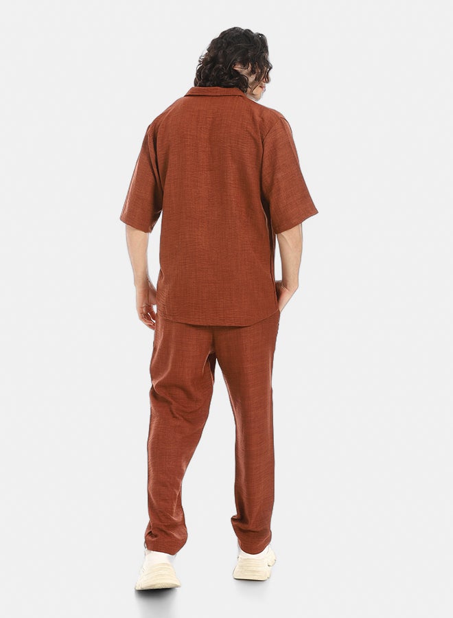 Red Circle Linen Turn Down Collar Shirt and Pants Set - Image 3