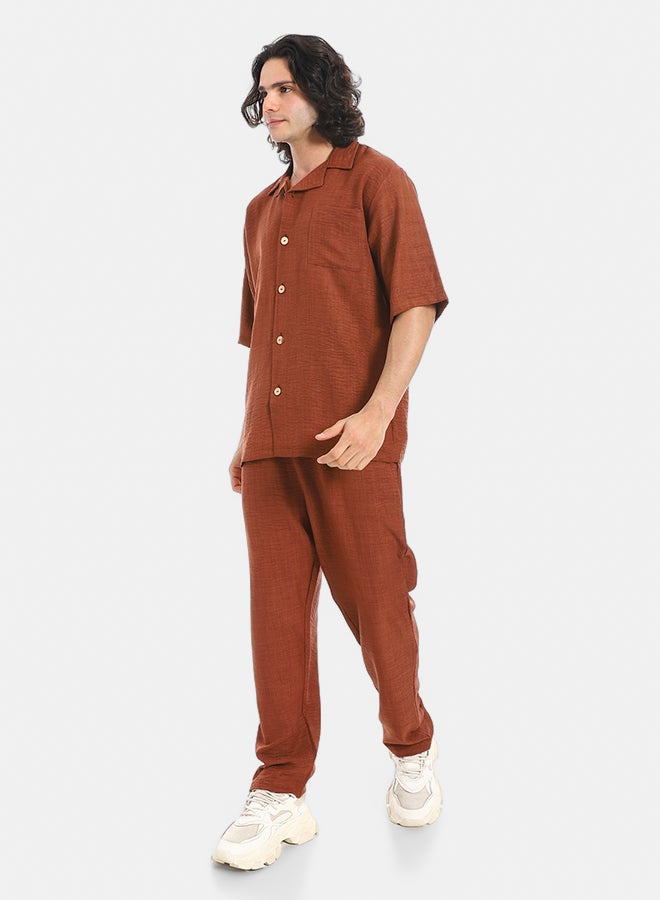 Red Circle Linen Turn Down Collar Shirt and Pants Set - Image 2