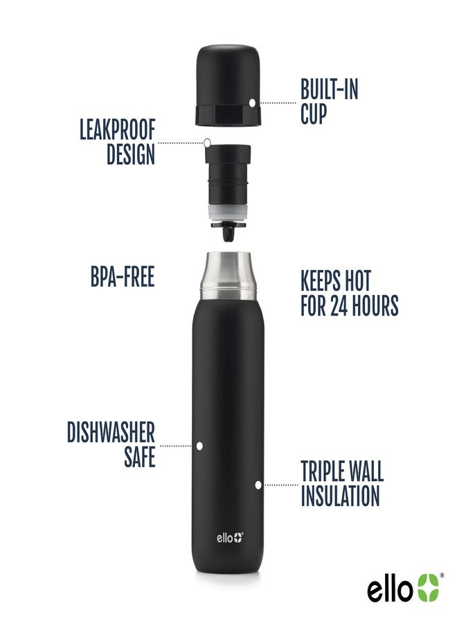 Ello Therma 32oz Insulated Stainless Steel Thermos for Hot & Cold Beverages with Leak Proof Lid & Built-in Cup, Triple Wall Insulation, Hot 24 Hrs, Perfect for Coffee,Tea, Dishwasher Safe, Black - Image 3