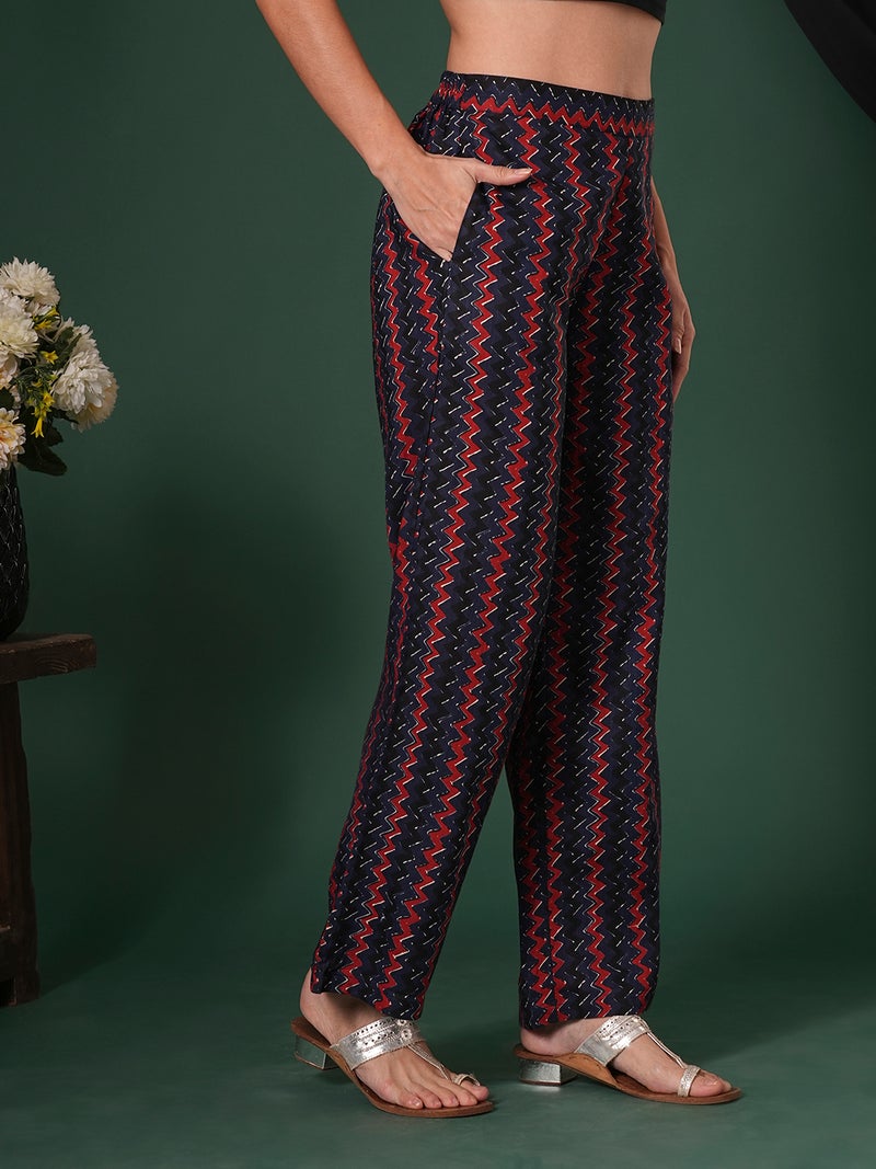 globus Women Cotton Chevron Print Mid-Rise Ethnic Parallel Trousers - Image 3
