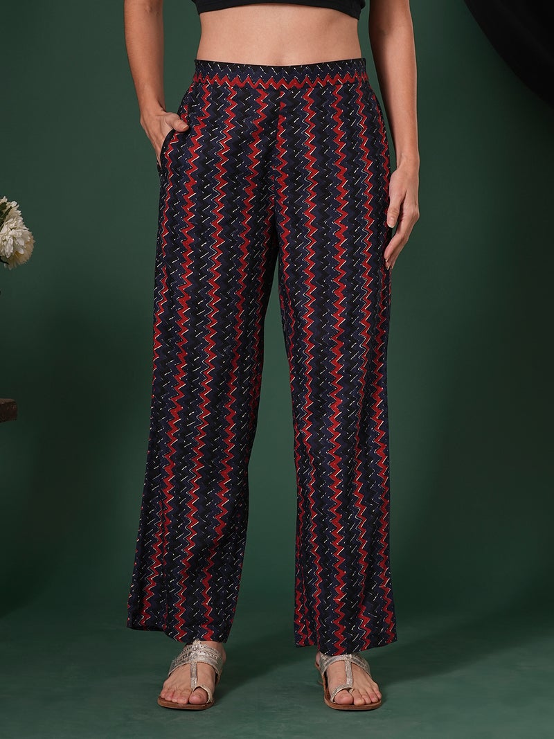 globus Women Cotton Chevron Print Mid-Rise Ethnic Parallel Trousers - Image 2