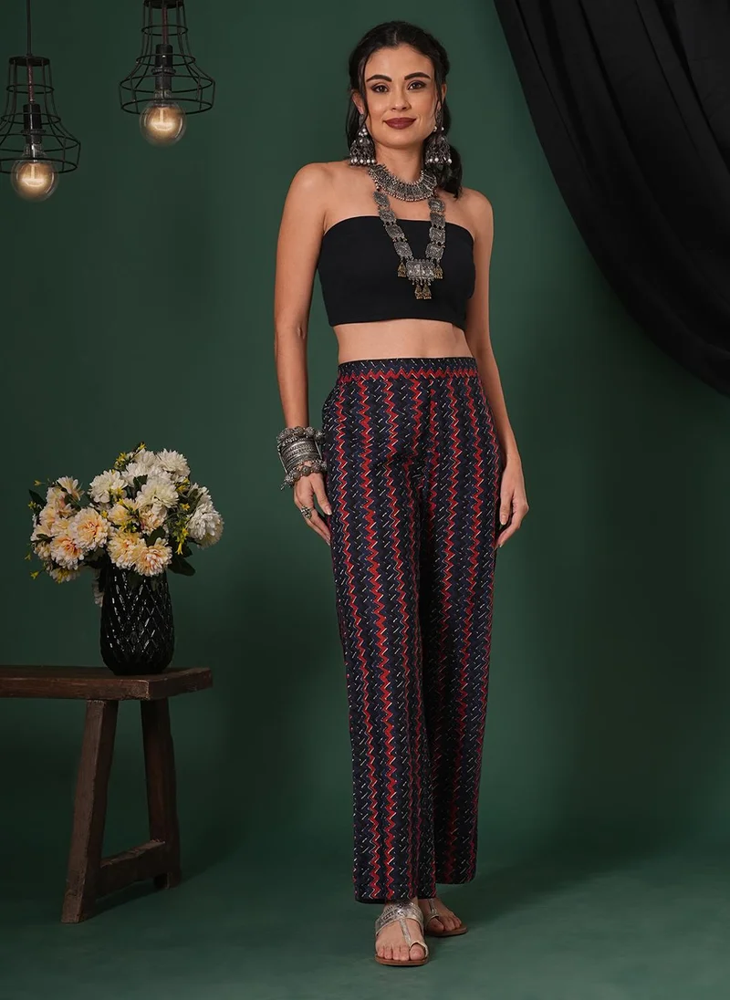 جلو باص بنطلون نسائي قطن بطبعة شيفرون بخصر متوسط بتصميم عرقي متوازي