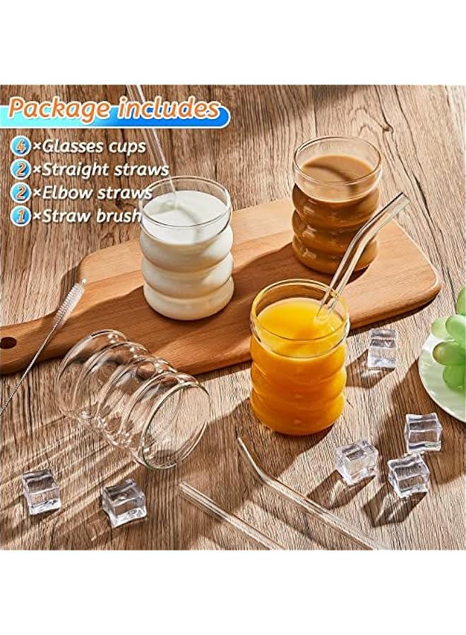 HOOKOR Set of 4 Vintage Ripple Glass Cups with Straws for Coffee, Juice, and More - Image 2