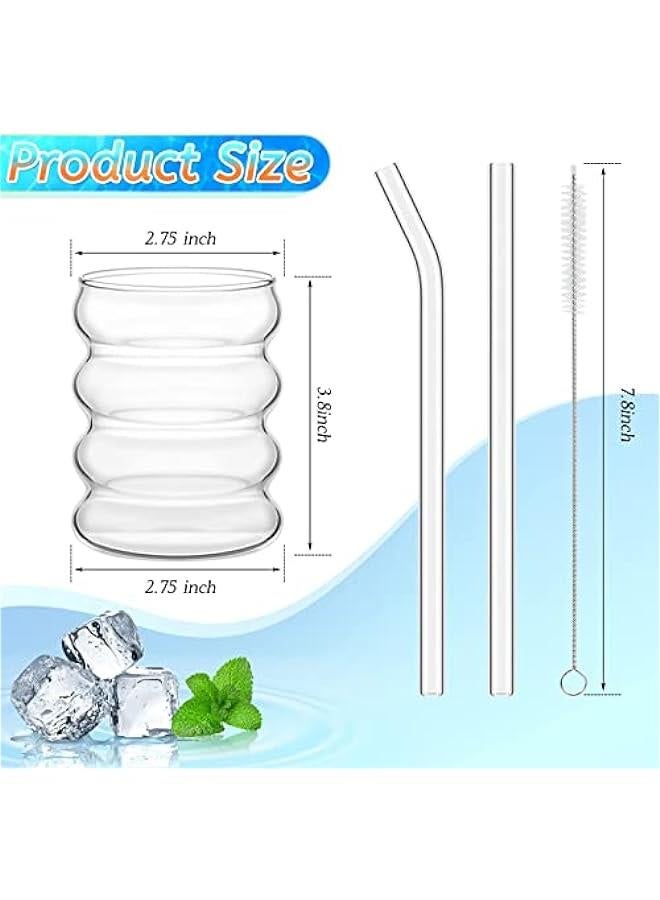 HOOKOR Set of 4 Vintage Ripple Glass Cups with Straws for Coffee, Juice, and More - Image 3