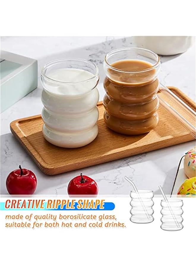 HOOKOR Set of 4 Vintage Ripple Glass Cups with Straws for Coffee, Juice, and More - Image 4