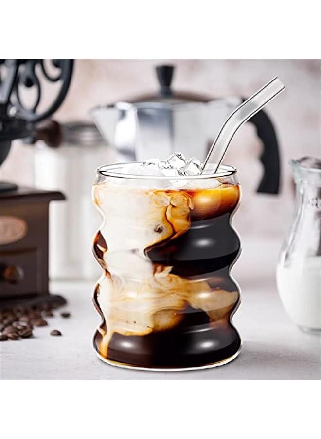 HOOKOR Set of 4 Vintage Ripple Glass Cups with Straws for Coffee, Juice, and More - Image 5