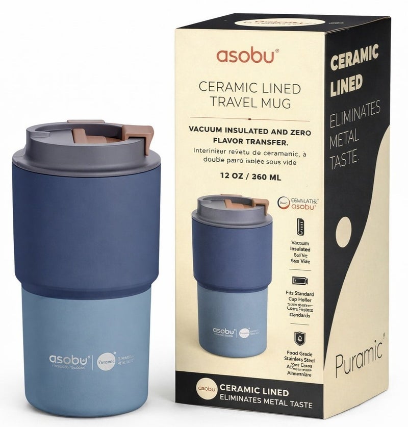 Asobu Ceramic Lined Travel Mug 12oz/360ml Pastel Blue, Vacuum Insulated Stainless Steel Coffee Mug, No Metal Taste, Leakproof Lid, BPA Free Reusable Cup for Hot & Cold Drinks, Car Cup Holder Friendly - Image 1