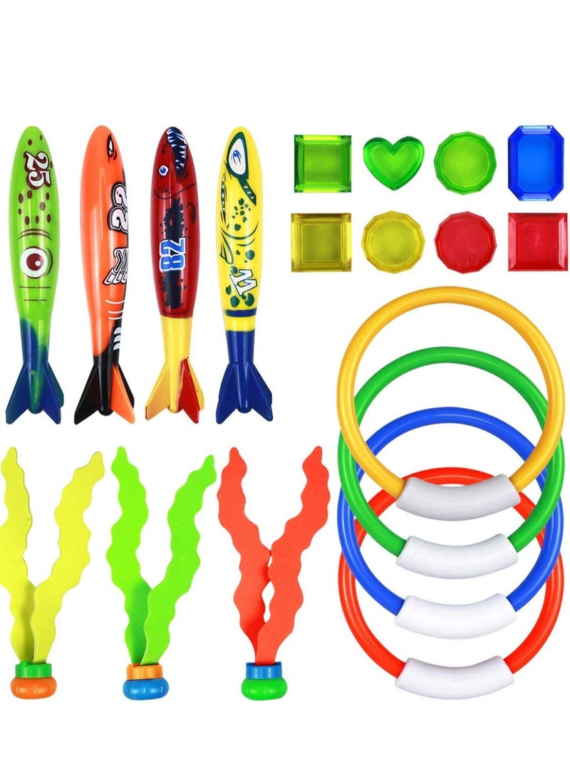 KASTWAVE 19PCS Underwater Diving Pool Toys Kit Torpedo Bandits Rings Gemstones Ball Streamers Sinking Seaweed Swimming For Kids Boys Girls - Image 1
