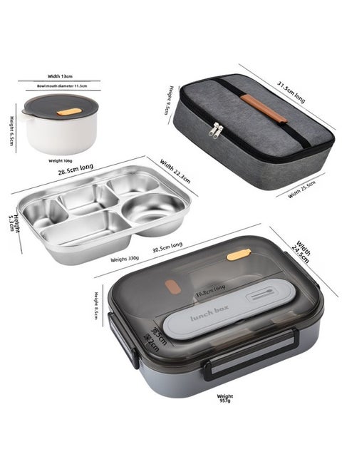 Lunch Box Large Capacity Does Not Leak 316 Food Grade Material Compartment Does Not String Flavor With Bowl Can Enter The Microwave Oven Insulation Lunch Box-Specifications:Black Gray-can Be Put Into The Microwave [pp+316 Stainless Steel]-Color:Five-compartment Standard + Insulation Bag (excluding Spoons And Chopsticks)