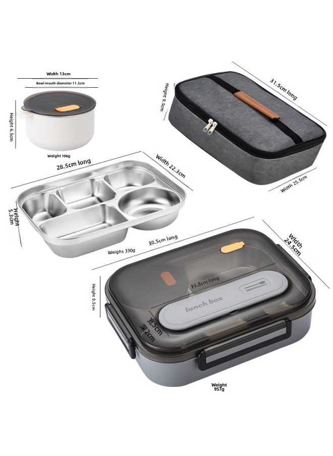 Generic - Lunch Box Large Capacity Does Not Leak 316 Food Grade Material Compartment Does Not String Flavor With Bowl Can Enter The Microwave Oven Insulation Lunch Box-Specifications:Black Gray-can Be Put Into The Microwave [pp+316 Stainless Steel]-Color:Five-compartment Standard + Insulation Bag (excluding Spoons And Chopsticks) - Image 1