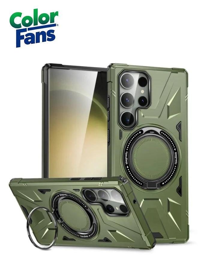 Color Fans - Samsung Galaxy S24 Ultra Case Scratch-resistant Cellphone Cover with 360° Rotatable Kickstand Design - Dark Green - Image 1