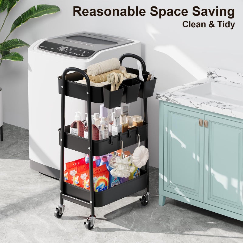 Recximi 3 Tier Metal Rolling Cart with Lockable Wheels, Black Three Tiered Utility Storage Organizer Carts on Wheels for Bathroom, Kitchen, Laundry, Garage, Office, Craft, Art, Baby, Diaper Caddy, Snack, Book - Image 3