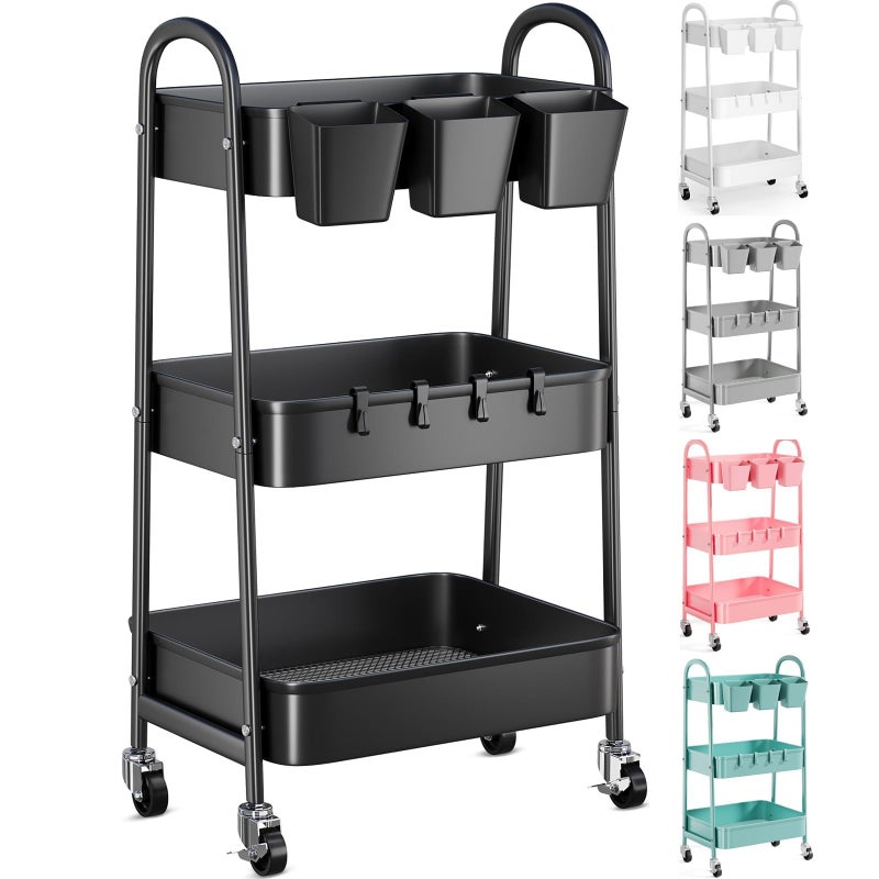 Recximi 3 Tier Metal Rolling Cart with Lockable Wheels, Black Three Tiered Utility Storage Organizer Carts on Wheels for Bathroom, Kitchen, Laundry, Garage, Office, Craft, Art, Baby, Diaper Caddy, Snack, Book - Image 1