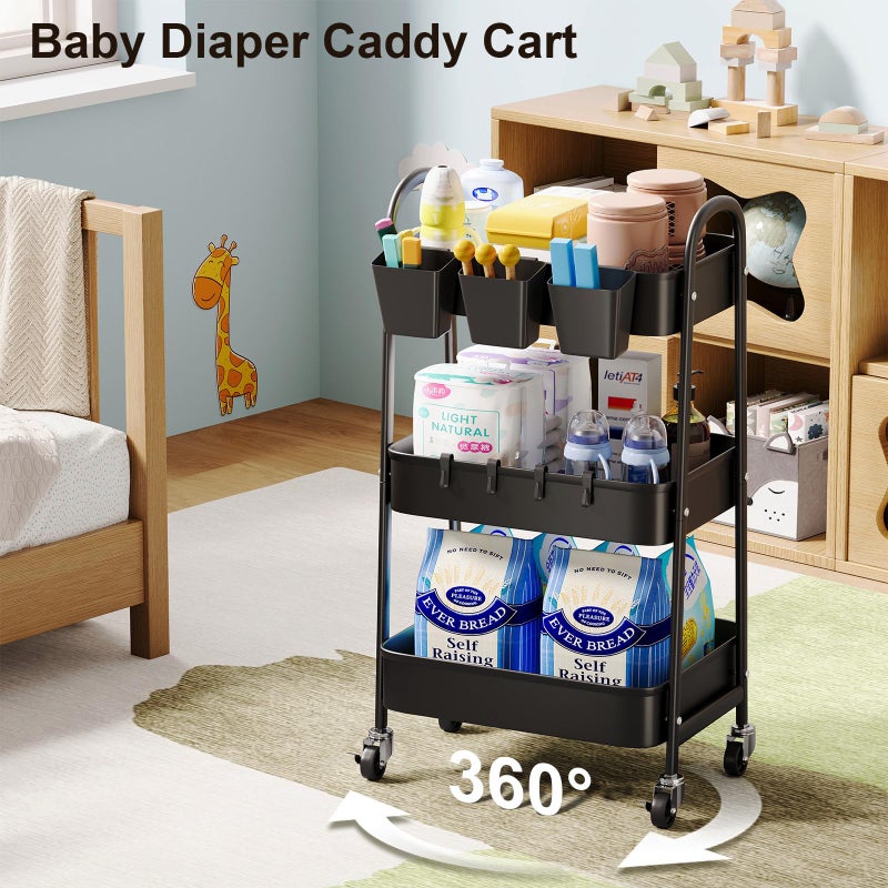 Recximi 3 Tier Metal Rolling Cart with Lockable Wheels, Black Three Tiered Utility Storage Organizer Carts on Wheels for Bathroom, Kitchen, Laundry, Garage, Office, Craft, Art, Baby, Diaper Caddy, Snack, Book - Image 4