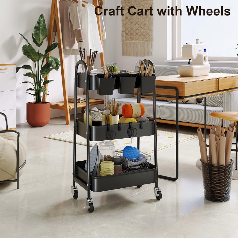 Recximi 3 Tier Metal Rolling Cart with Lockable Wheels, Black Three Tiered Utility Storage Organizer Carts on Wheels for Bathroom, Kitchen, Laundry, Garage, Office, Craft, Art, Baby, Diaper Caddy, Snack, Book - Image 5